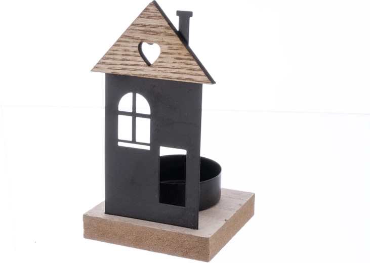 House-shaped candle holder made of wood and black metal