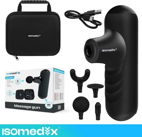 Mini massage gun Isomedix with 5 modes, 4 attachments and case
