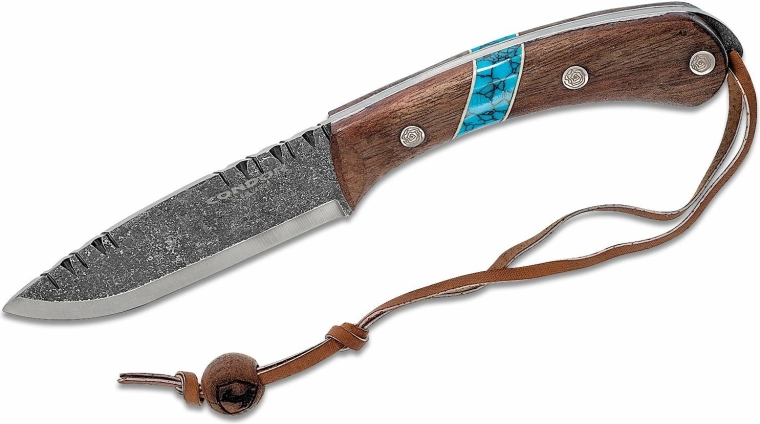 Ловен нож Condor Blue River с кожена кания, орехово дърво и тюркоаз, 11 см