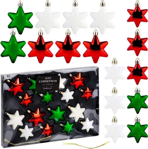 Shatterproof Christmas star ornaments red, green and white 16 pcs (6 and 5 cm)