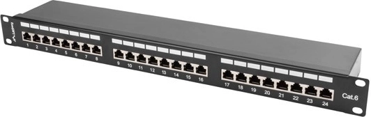 Пач панел 24 порта 1U Cat6, черен, екраниран