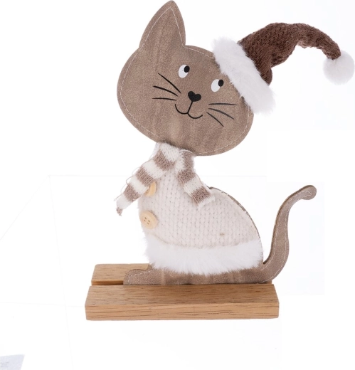 Коледна декорация котка от дърво и кожа с косъм