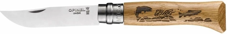 Opinel №08 Inox Animalia джобен нож с мотив риби, дъбово дърво, 8,5 см