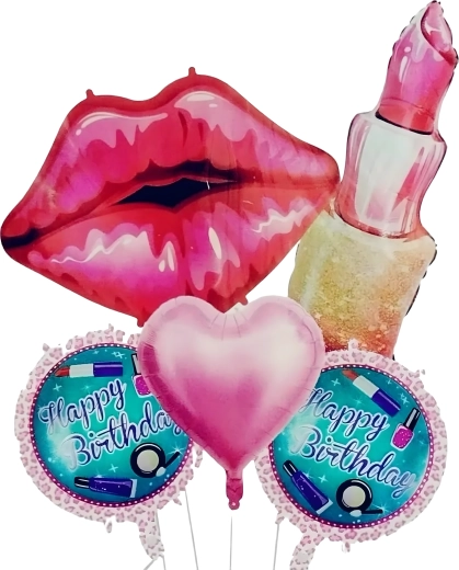 Set of Birthday Balloons for Girls – Lipstick, Lips and Happy Birthday, 5 pcs