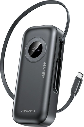 Awei power bank PA-9 10,000 mAh 22.5 W with built-in USB-C cable, black