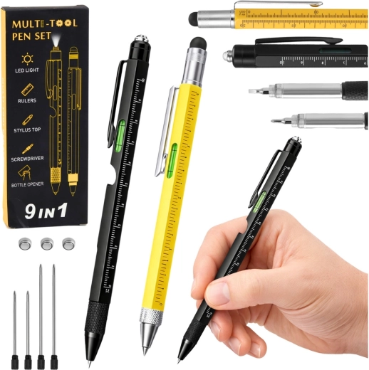 Set of Metal 9-in-1 Multifunction Pens with LED Flashlight, Level, and Screwdriver – Yellow and Black, 2 pcs