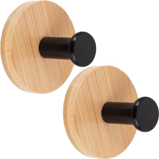 Self-adhesive wooden wall hooks with black metal peg 5 cm, 2 pcs