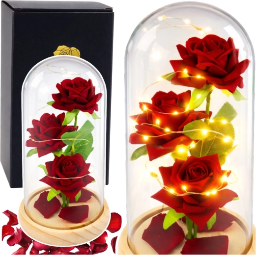 Eternal Red Roses in a Glass Dome with LED Lighting 21.5 × 11 cm