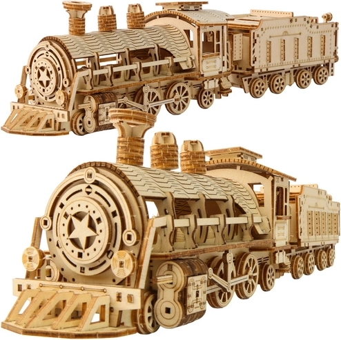 3D дървен пъзел парен локомотив с тендер Kruzzel - 1 брой