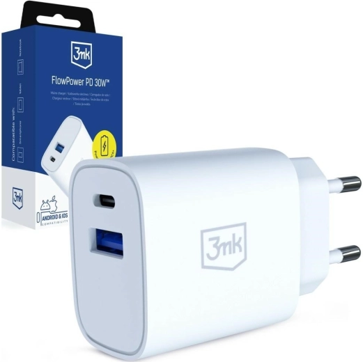 3MK FlowPower 30 W wall charger USB-A and USB-C (PD 3.0, QC 4+) white