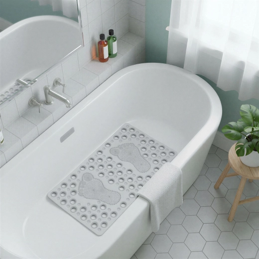 Transparent non-slip bathroom mat with footprint design