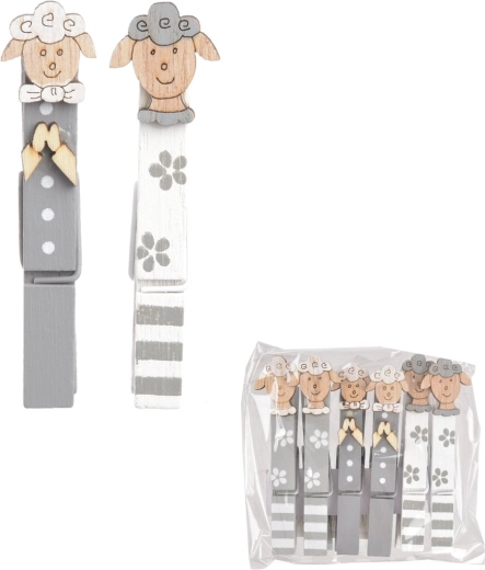 Wooden decorative clips with sheep motif, 9 cm, 6 pcs