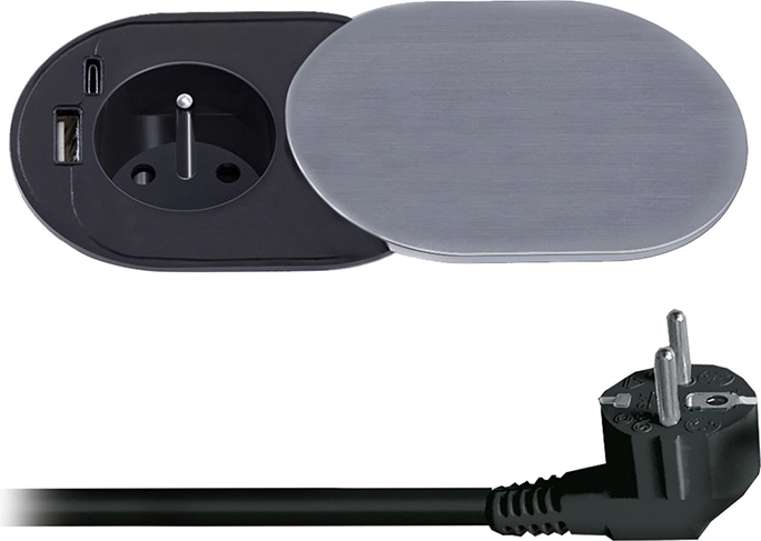 Solight вградим контакт 230 V с USB-A и USB-C PD 20 W с плъзгащ се капак, 2 m, сребрист