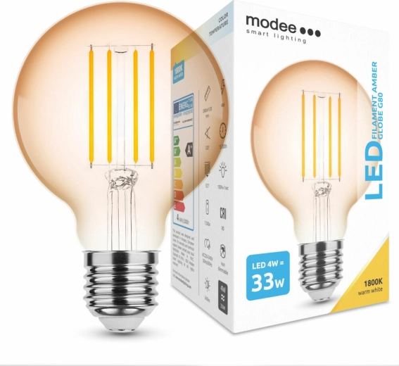 Modee LED Filament Bulb Amber Globe G80 4W E27, 360 lm, Warm White