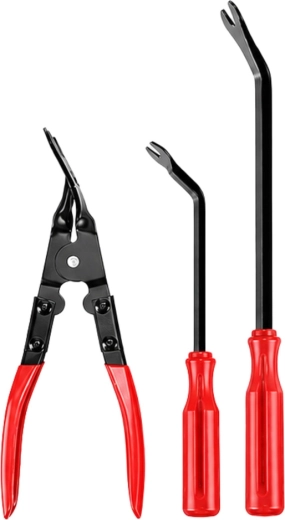 Pliers and metal hooks for clips and fasteners