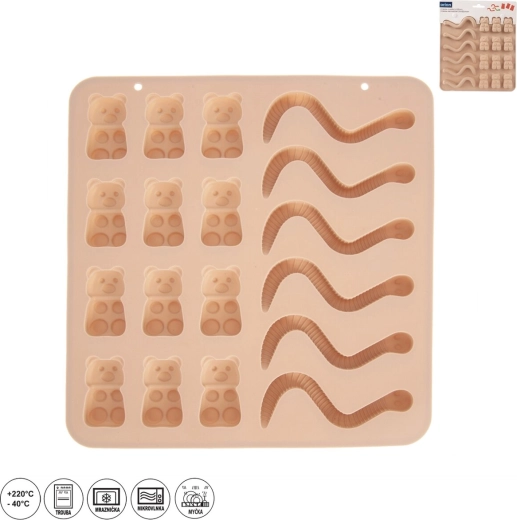 Silicone mold for gummy candies – bears and worms, 18 shapes, beige