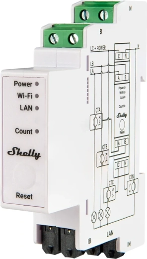 Shelly Pro 3EM Matter трифазен електромер 120 A за DIN шина