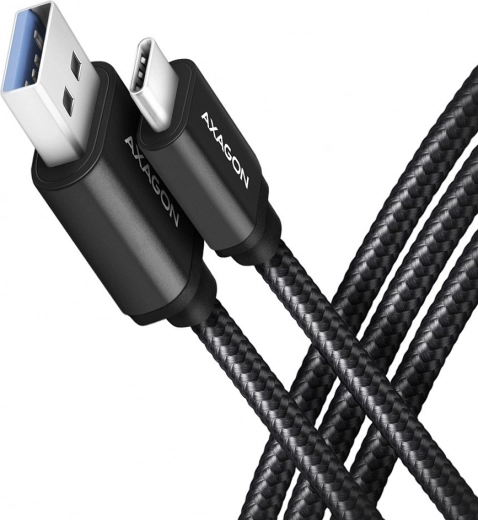 Кабел USB‑C – USB‑A 3.2 Gen 1 AXAGON, 2 м, 3 A, алуминиев, оплетен, черен