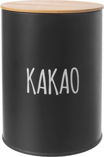 Black metal tin with bamboo lid for cocoa, 11 cm