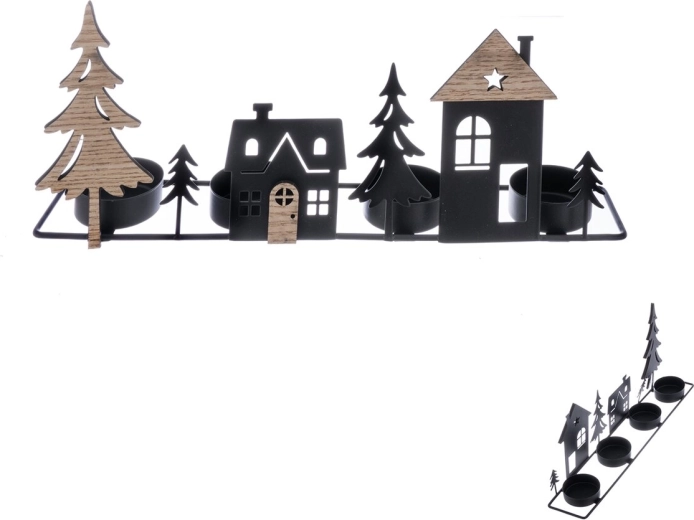 Advent candle holder, wood and metal, black, 28 × 5 × 12 cm