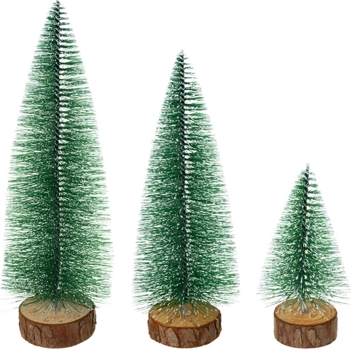 Mini Christmas trees Ruhhy – snow-covered decorations on a wooden base (set of 3 pcs)