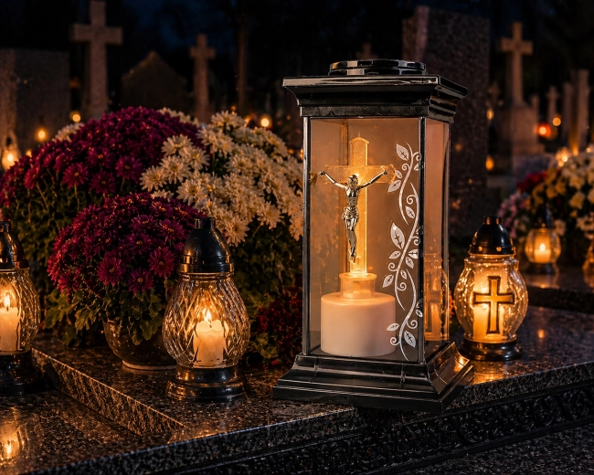 Solar Cemetery Lantern with LED Cross 28 cm
