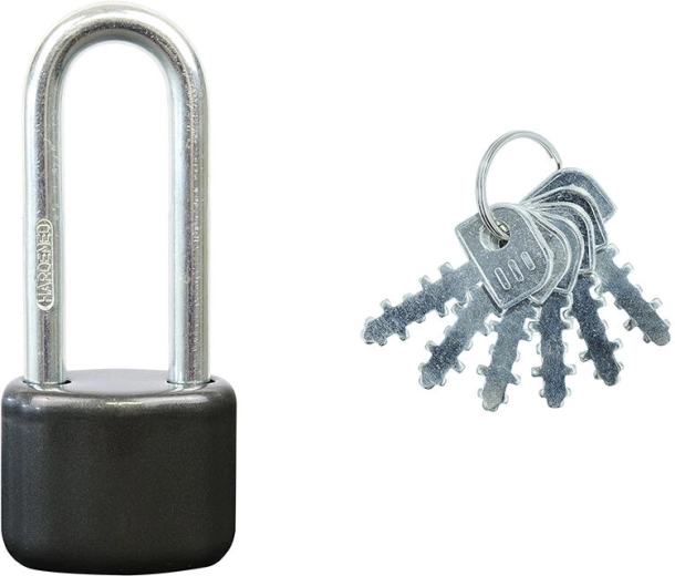 Padlock with extended shackle, steel, 6 keys