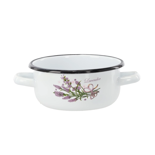 Enameled saucepan with two handles 1.5 l, 16 cm, white – lavender motif