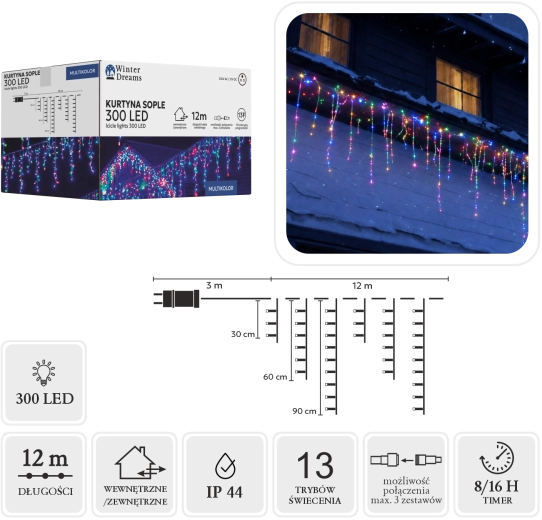 Светлинна завеса тип ледени висулки (сталактити) 300 LED многоцветна 3 × 12 m - 1 бр.