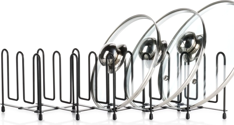 Expandable metal stand for pot lids and plates, black, 8–74 cm
