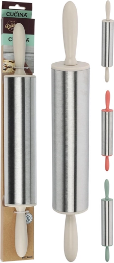Two-handed stainless steel rolling pin 44 × 6 cm with plastic handles