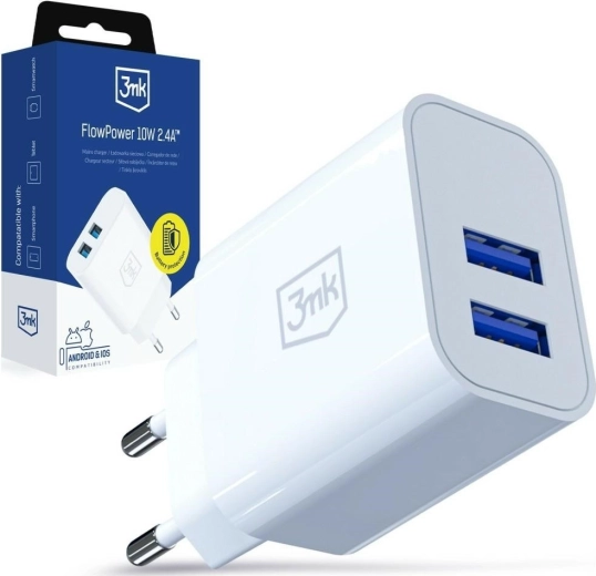 3MK FlowPower 10 W wall charger, 2× USB-A, 2.4 A, white