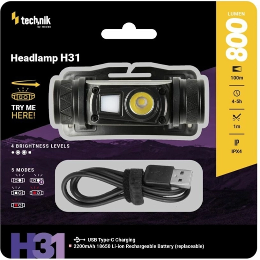 Technik MT-H31 headlamp with OSRAM P9 LED, red light and USB-C (800 lm)