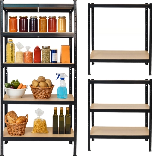 Metal storage shelving unit 2-in-1 in black, 5 MDF shelves 180 × 90 × 40 cm