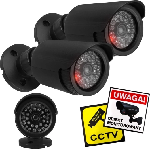 Set of two dummy bullet cameras with flashing LED, black ABS, IP44