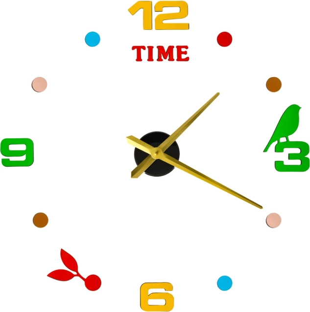DIY adhesive wall clock with adjustable diameter 80–90 cm, gold hands, colorful numerals