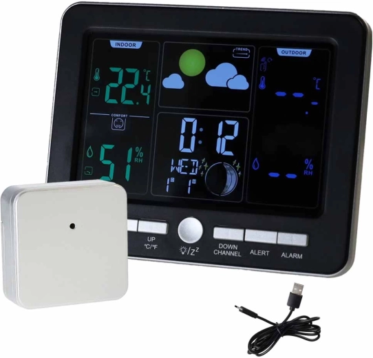 Wireless weather station with thermometer, hygrometer and alarm clock, USB