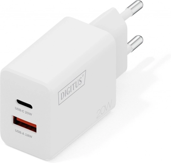 Мрежово USB зарядно 20 W, 1× USB‑C и 1× USB‑A, бяло