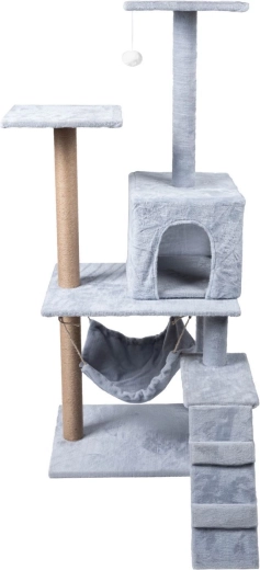 Cat scratching post with house, bed and steps, 4 levels, grey