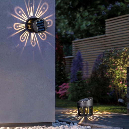 Solar decorative wall or freestanding lamp, warm white