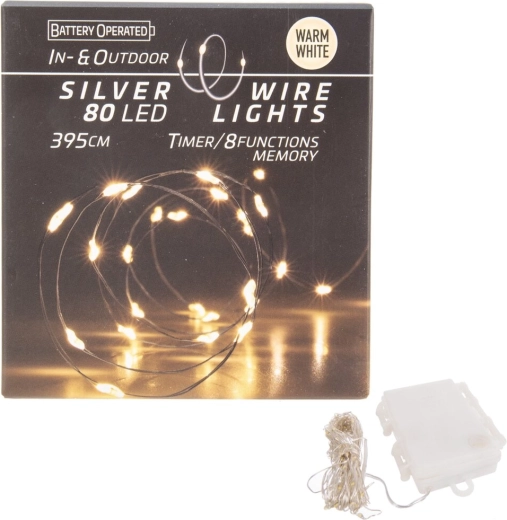 LED string lights on wire, 80 LEDs, warm yellow, indoor/outdoor with timer