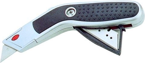Metal retractable utility knife with trapezoid blade and spare blade magazine
