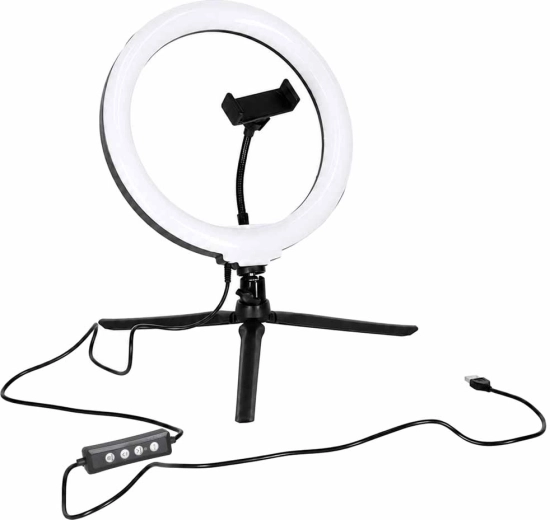 RGB LED ring selfie light on a tripod with phone holder and Bluetooth remote