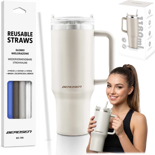 Berdsen vacuum insulated travel mug 1180 ml with straw set, cream