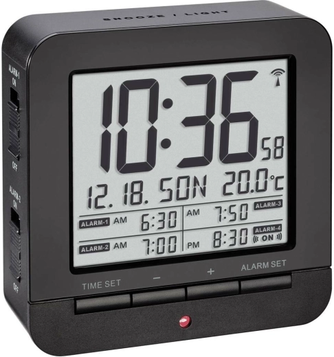TFA digital radio-controlled alarm clock with four alarm times, black