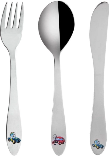 Children's stainless steel cutlery with car motif, 3-piece set