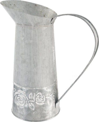 Decorative metal watering can with rose motif, grey 7 × 21 cm