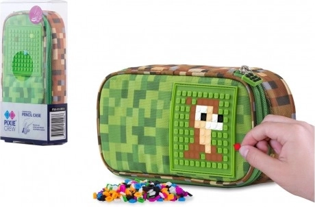 Pixie Crew two-tier oval pencil case with silicone pixel panel, green-brown