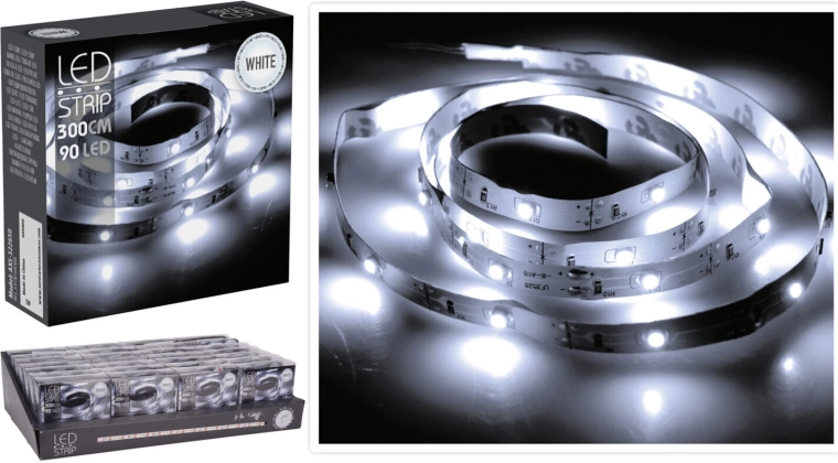 LED strip 3 m with cool white, 90 LEDs, battery powered