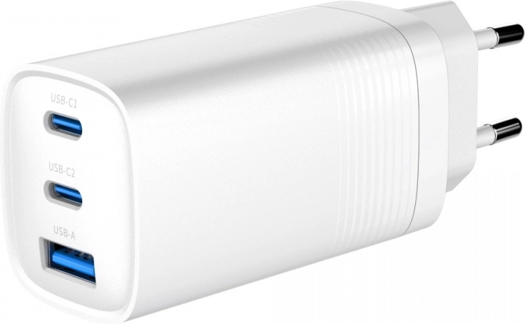Fast GaN Charger 65 W with Power Delivery, 2× USB‑C and 1× USB‑A, white